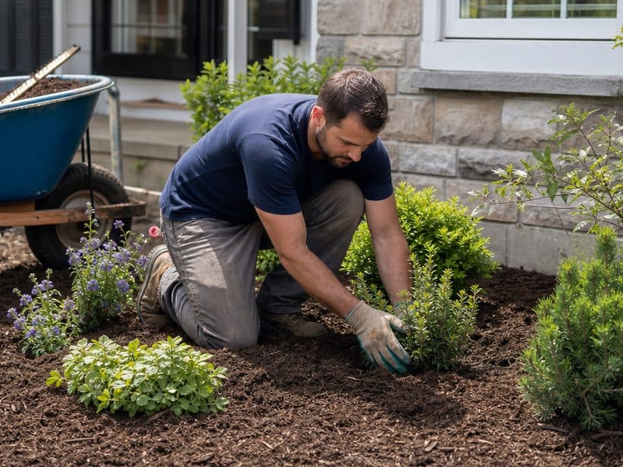 A local pro planting shrubs in a freshly mulched garden bed